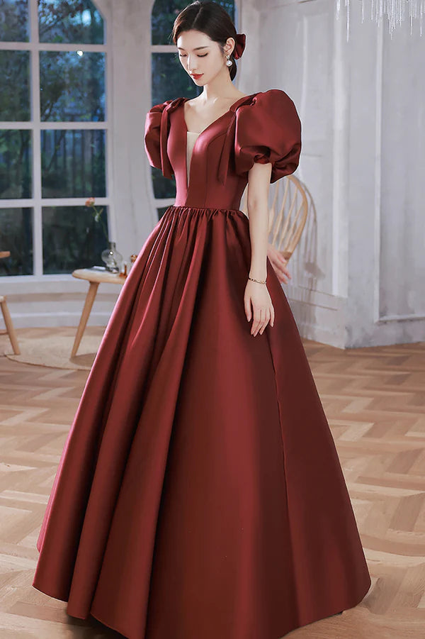 Burgundy Satin Long A-Line Prom Dress V-Neck Short Sleeve Evening Dress